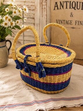 VTG Globebin Hand Woven Artisan Picnic Basket Bolga Del Ray Style